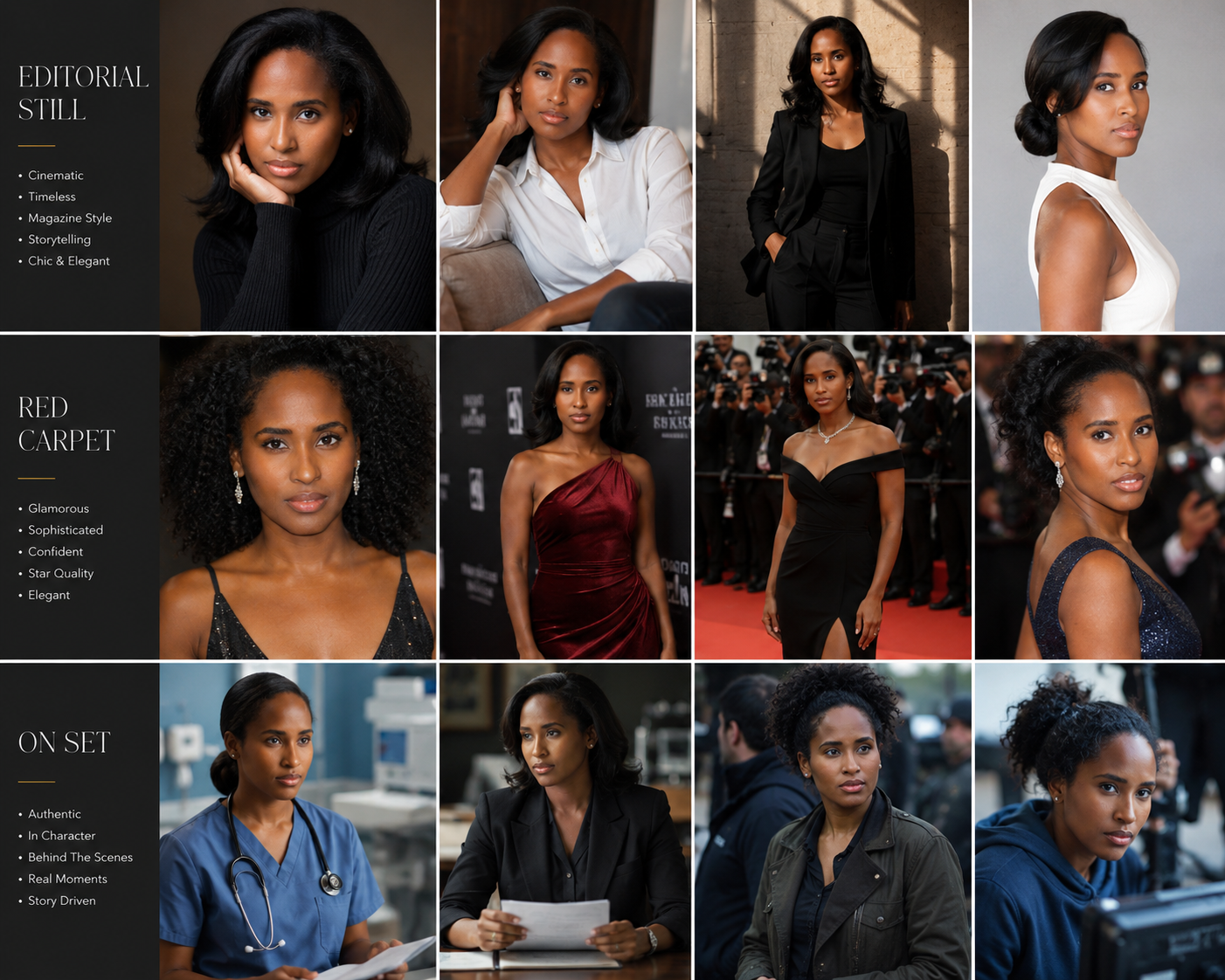 Elle Jean-Barre portfolio moodboard with editorial, red carpet, and on set concepts